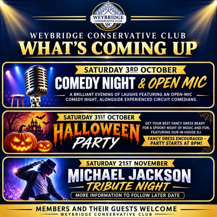 What's coming up: Comedy Night and Open Mic on Saturday 3 October, Halloween Party on Saturday 31 October, and Michael Jackson Tribute Night on Saturday 21 November.
